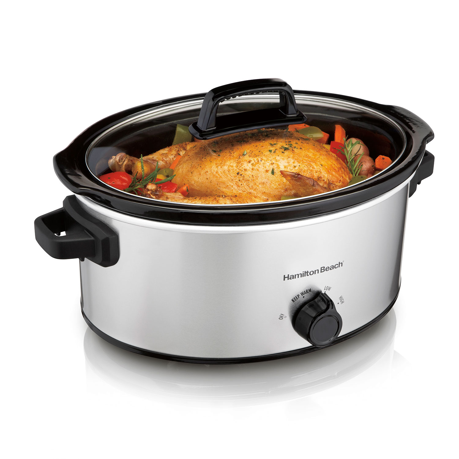 Hamilton Beach 33665G silver six-quart oval slow cooker with glass lid and manual dial