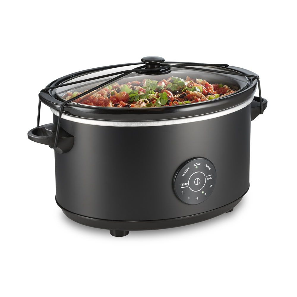 Hamilton Beach 33670 oval slow cooker with black body, glass lid, wraparound Lid Latch and touch controls