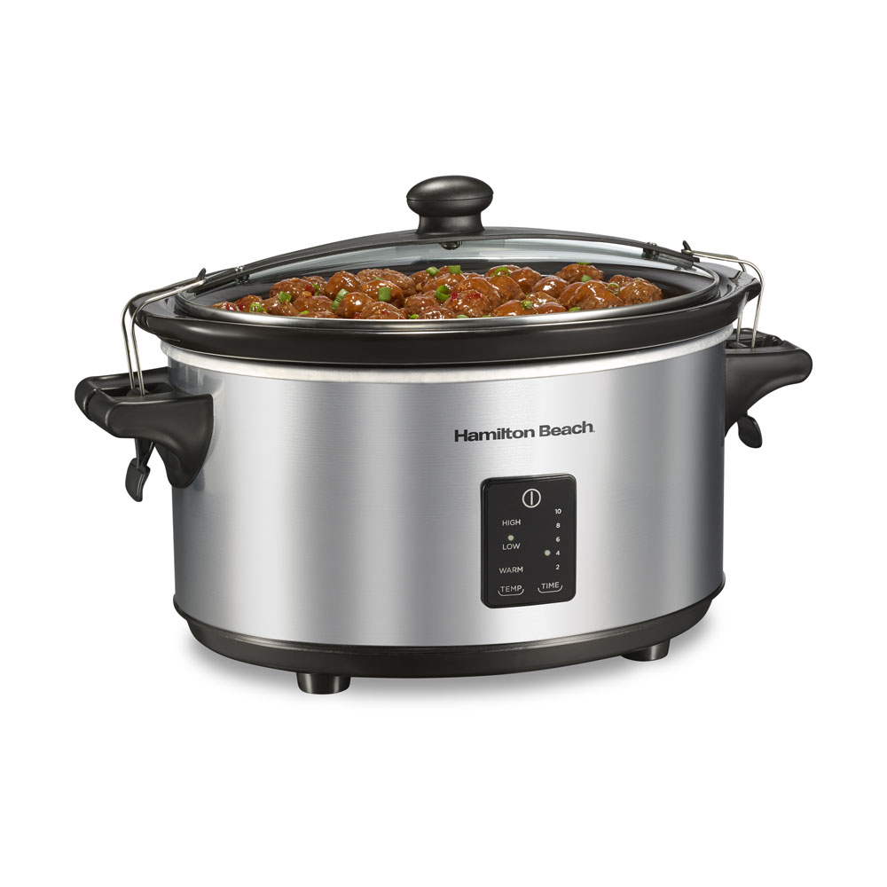 Hamilton Beach 33676 silver seven-quart slow cooker with a glass lid, transport clips and rectangular digital control panel