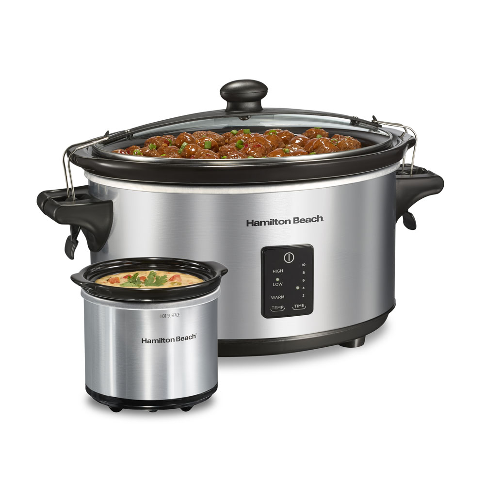Hamilton Beach 33677 silver seven-quart programmable Stay or Go slow cooker with lid clips and a separate Party Dipper warmer