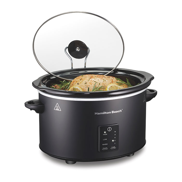 Hamilton Beach 33752 five-quart slow cooker with glass lid, built-in lid-rest frame and rectangular digital control panel