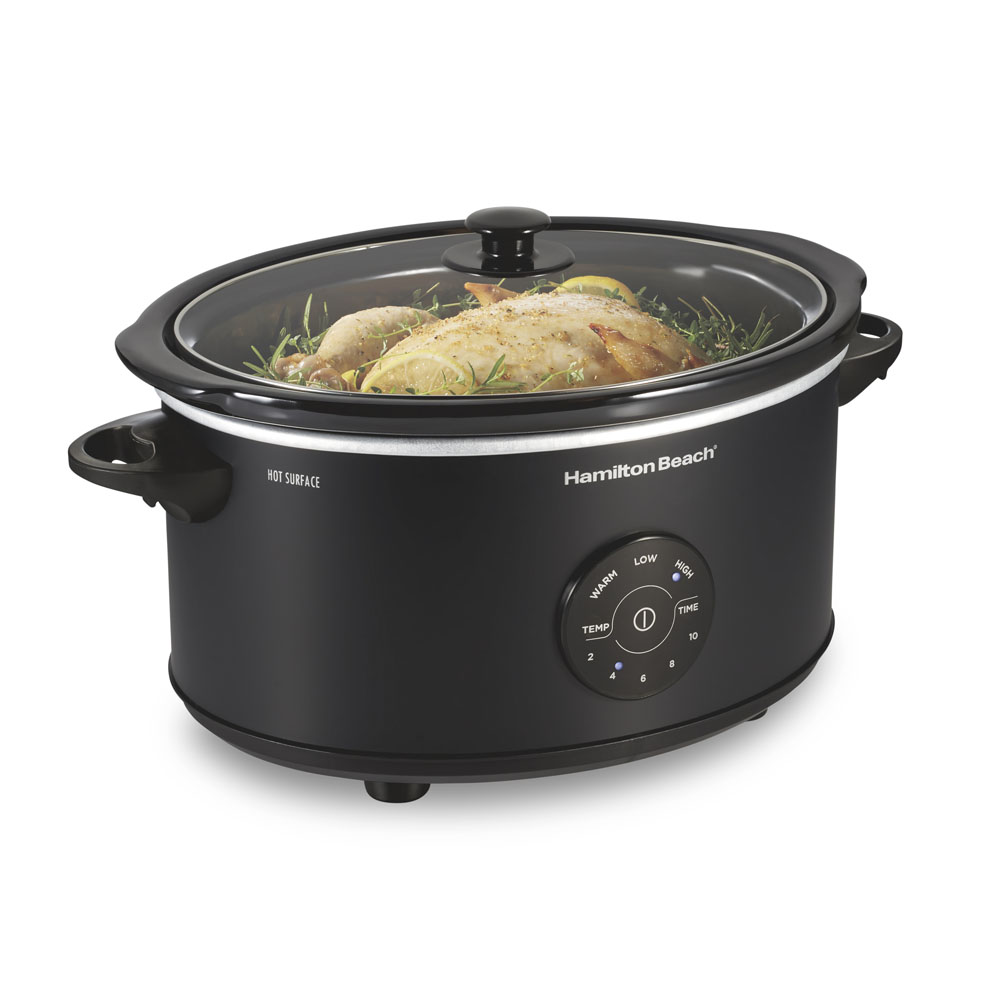 Hamilton Beach 33762 six-quart slow cooker with glass lid and round digital TEMP and TIME control panel