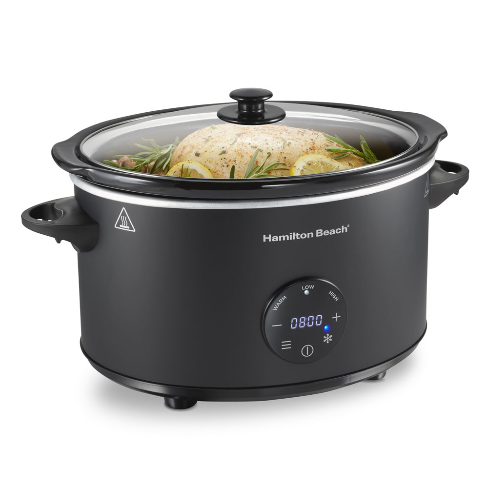 Hamilton Beach model 33765 six-quart programmable Defrost slow cooker with dark oval body and digital controls