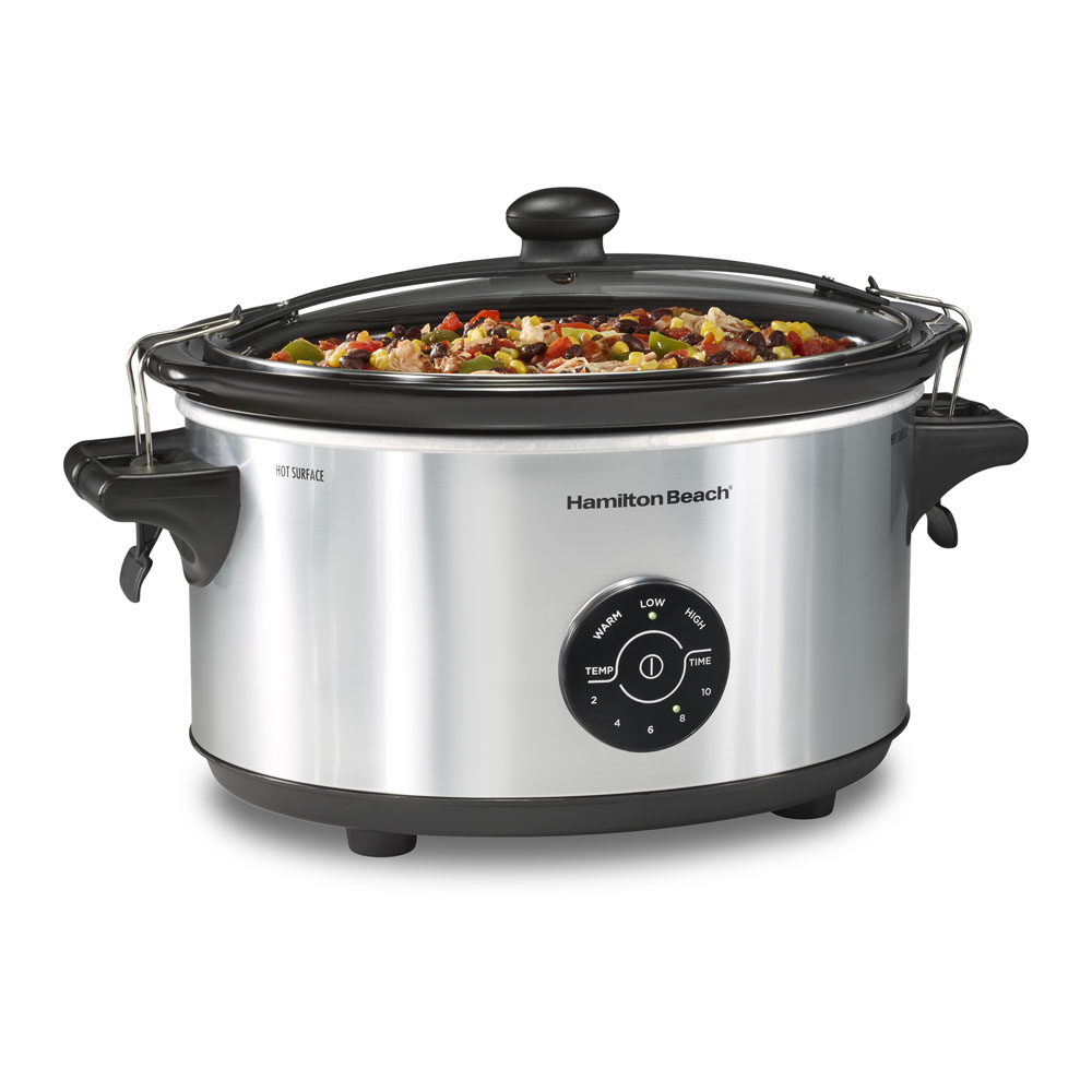 Hamilton Beach 33770 silver oval programmable slow cooker with glass lid, transport clips and circular touch controls