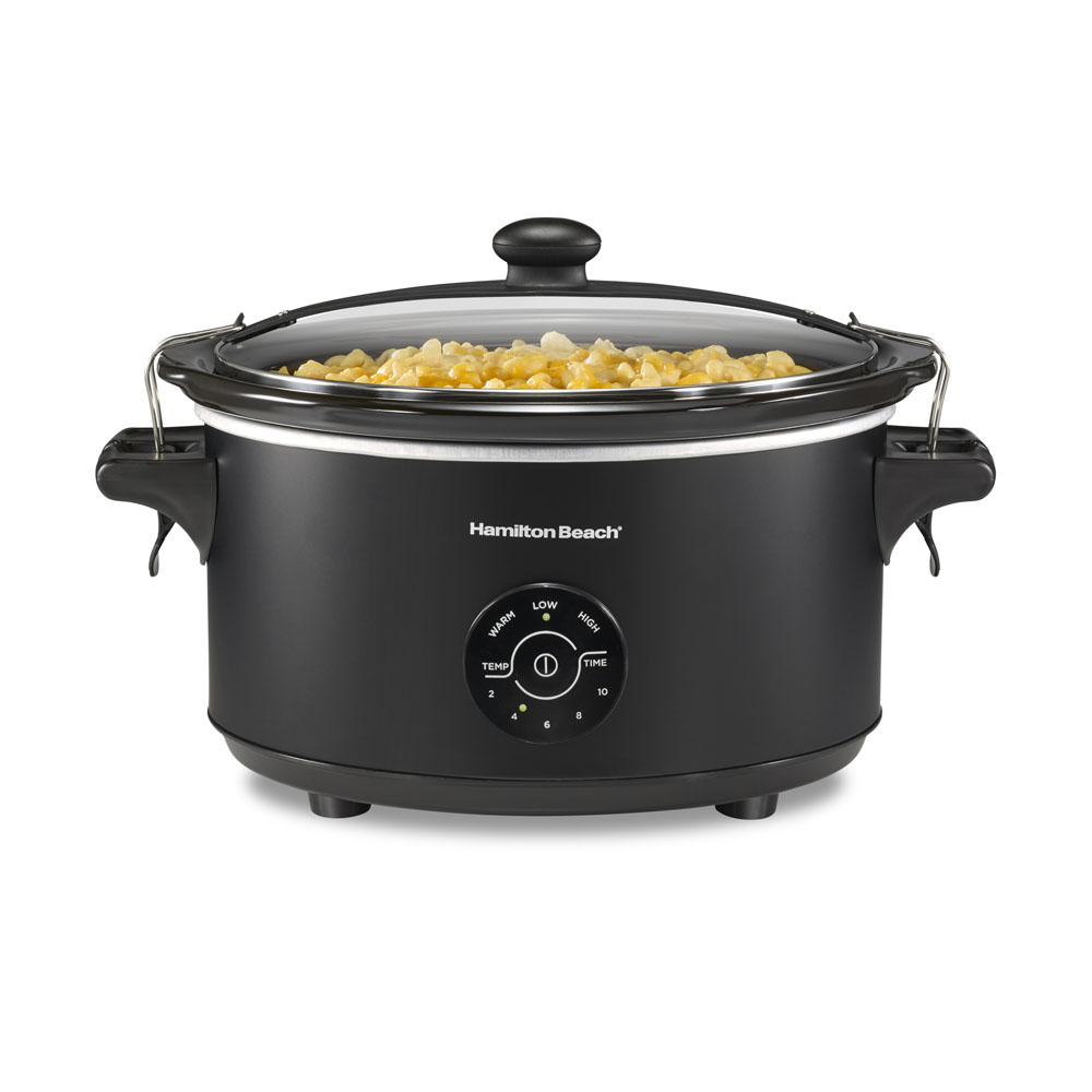 Hamilton Beach 33771 black seven-quart programmable slow cooker with glass lid, clip latches and touch controls