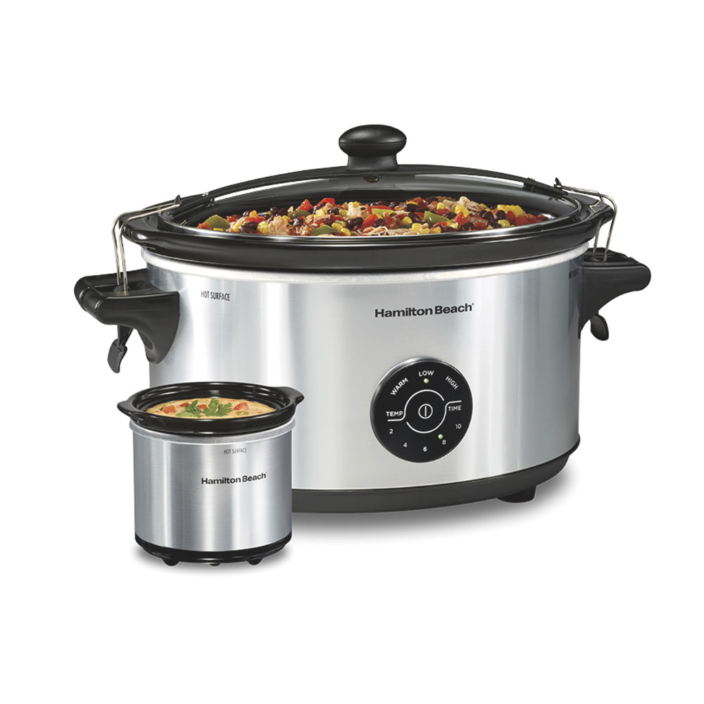 Hamilton Beach 33772 silver seven-quart programmable slow cooker with clip-tight glass lid and separate 20-ounce Party Dipper warmer