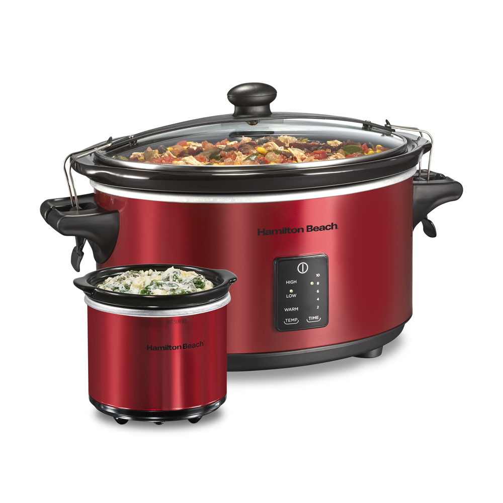 Hamilton Beach 33778 red seven-quart slow cooker bundle with separate Party Dipper warmer