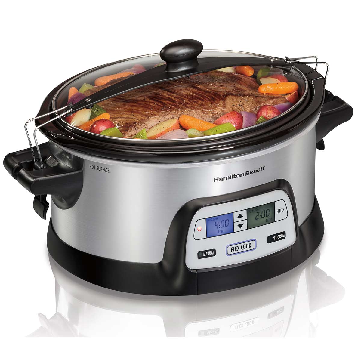 Hamilton Beach 33861 FlexCook six-quart slow cooker with two displayed heat-and-time stages, oval crock, glass lid and travel clips