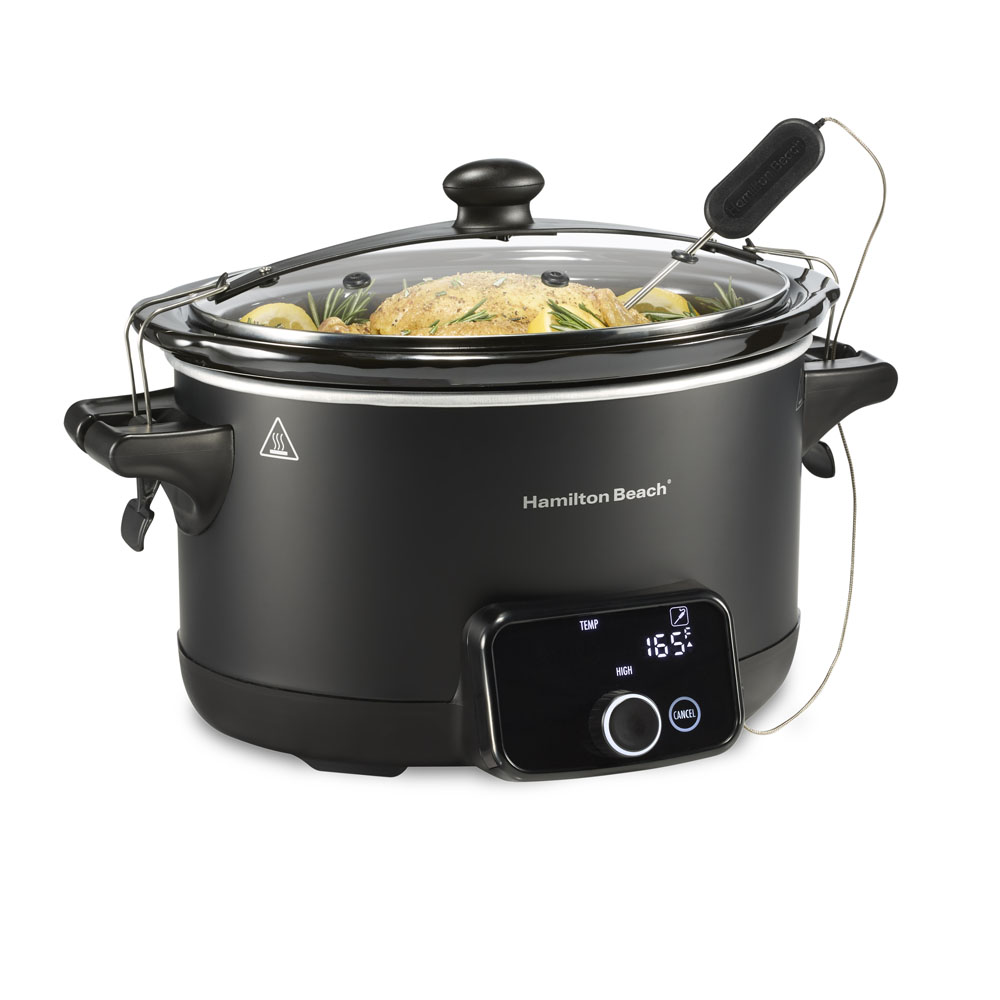 Hamilton Beach Ready, Set, Dinner 33868 matte-black slow cooker with probe, glass lid, transport clips, and digital control panel