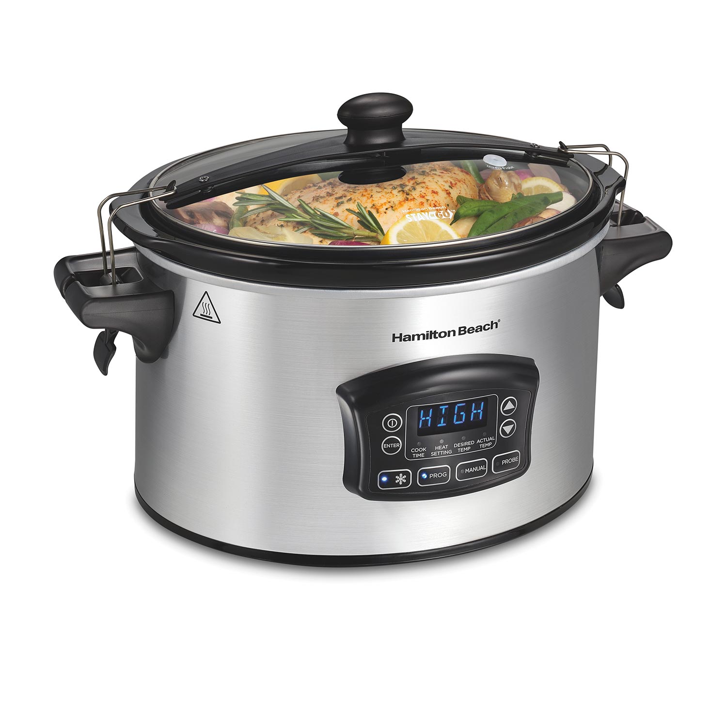 Hamilton Beach 33869 six-quart silver Defrost slow cooker with probe, digital panel and clip latch