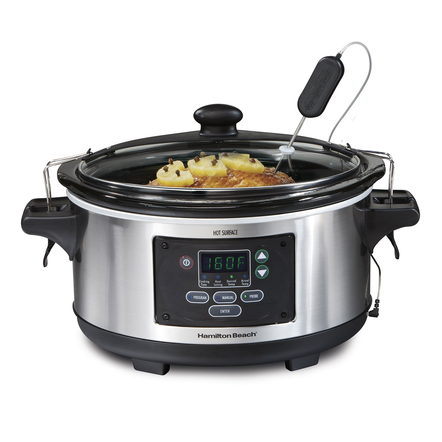 Hamilton Beach 33969AG six-quart stainless slow cooker with glass lid, food probe and digital Program, Manual and Probe controls