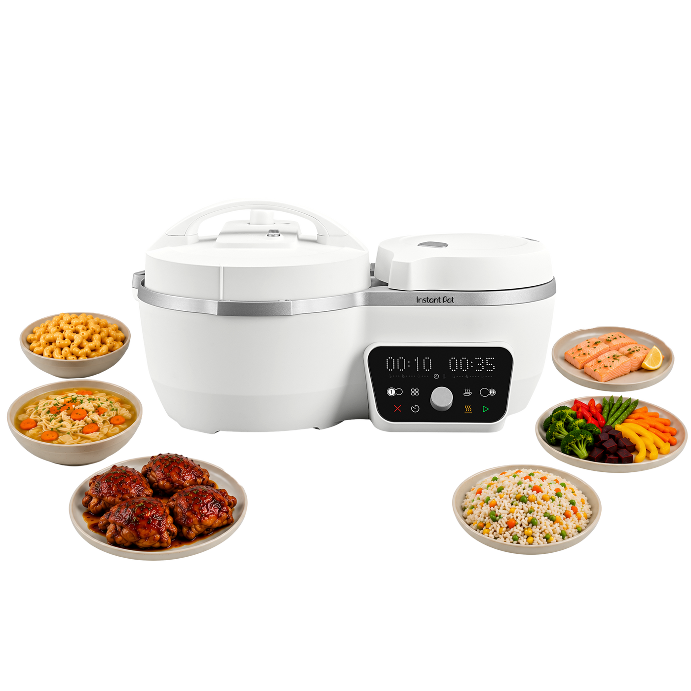 Instant Pot Dual Action Multi-Cooker in Sea Salt, exact SKU 140-0101-01, showing the larger main pot and separate side pot