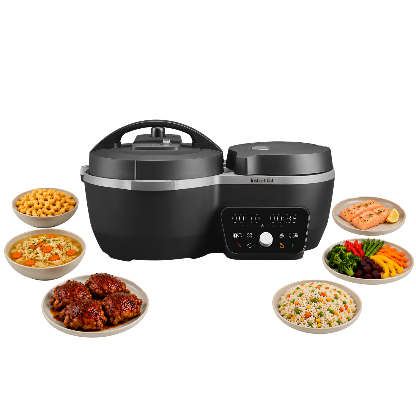 Instant Pot Dual Action Multi-Cooker in Black, exact SKU 140-0102-01, with larger main pot and separate side pot