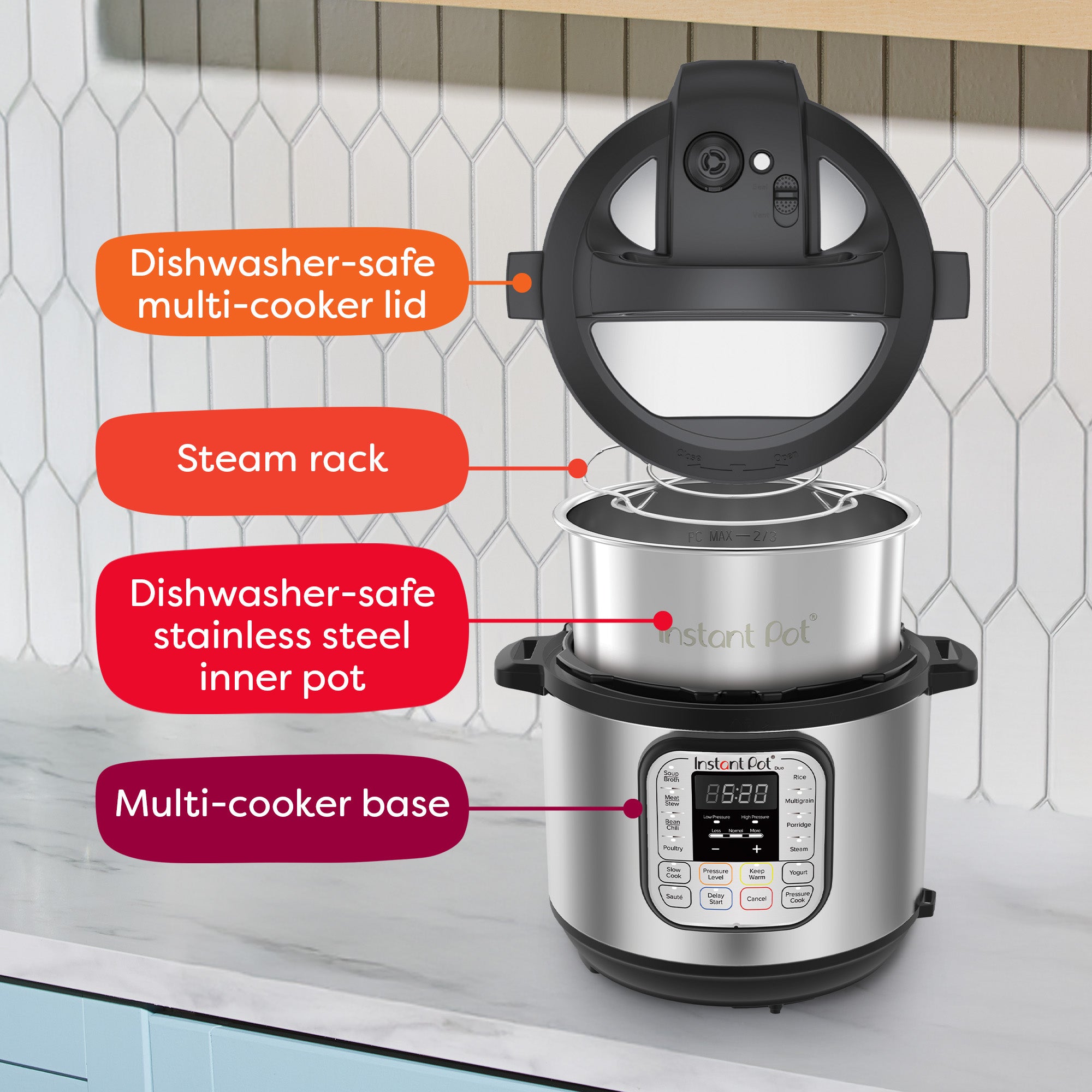 The exact page-linked 113-0059-01 exploded-view creative shows the Duo cooker base, labeled Slow Cook control, removable stainless pot, lid, and rack. Product identity aligns with the 8QT product page and exact-SKU image filename. It is a manufacturer composite/exploded-view image rather than a neutral studio cutout; do not imply this is an independently photographed product.