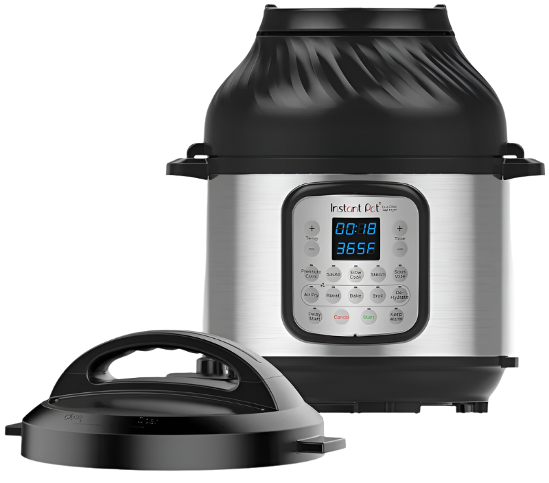 Instant Pot Duo Crisp + Air Fryer multicooker with separate Air Fry lid, shared manufacturer image linked from the 8QT SKU 140-0021-01 page