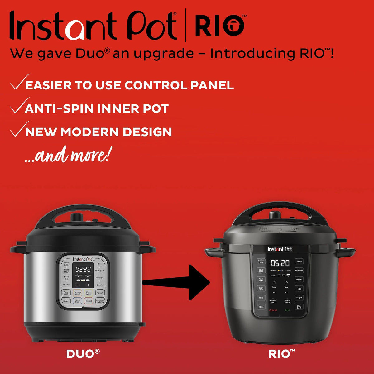 Manufacturer comparison graphic showing the black Instant Pot RIO 6QT, SKU 112-0312-01, next to an earlier Duo model