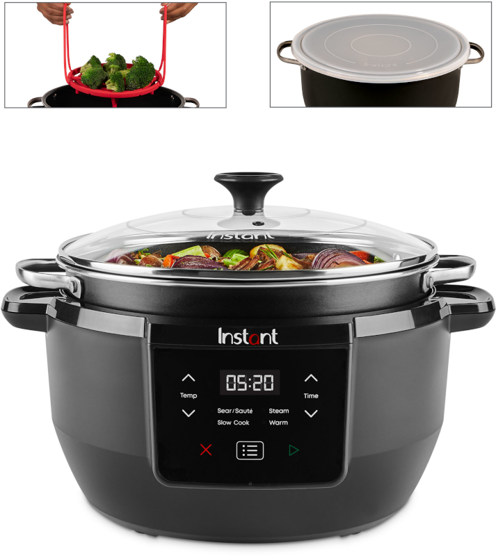Instant Pot Superior Cooker 140-4040-01 with digital Slow Cook, Sear/Sauté, Steam and Warm controls; accessory insets are shown