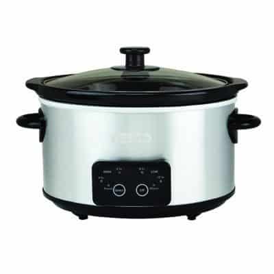 NESCO four-quart digital stainless-steel slow cooker DSC-4-25, viewed from the front with its glass lid and digital control panel