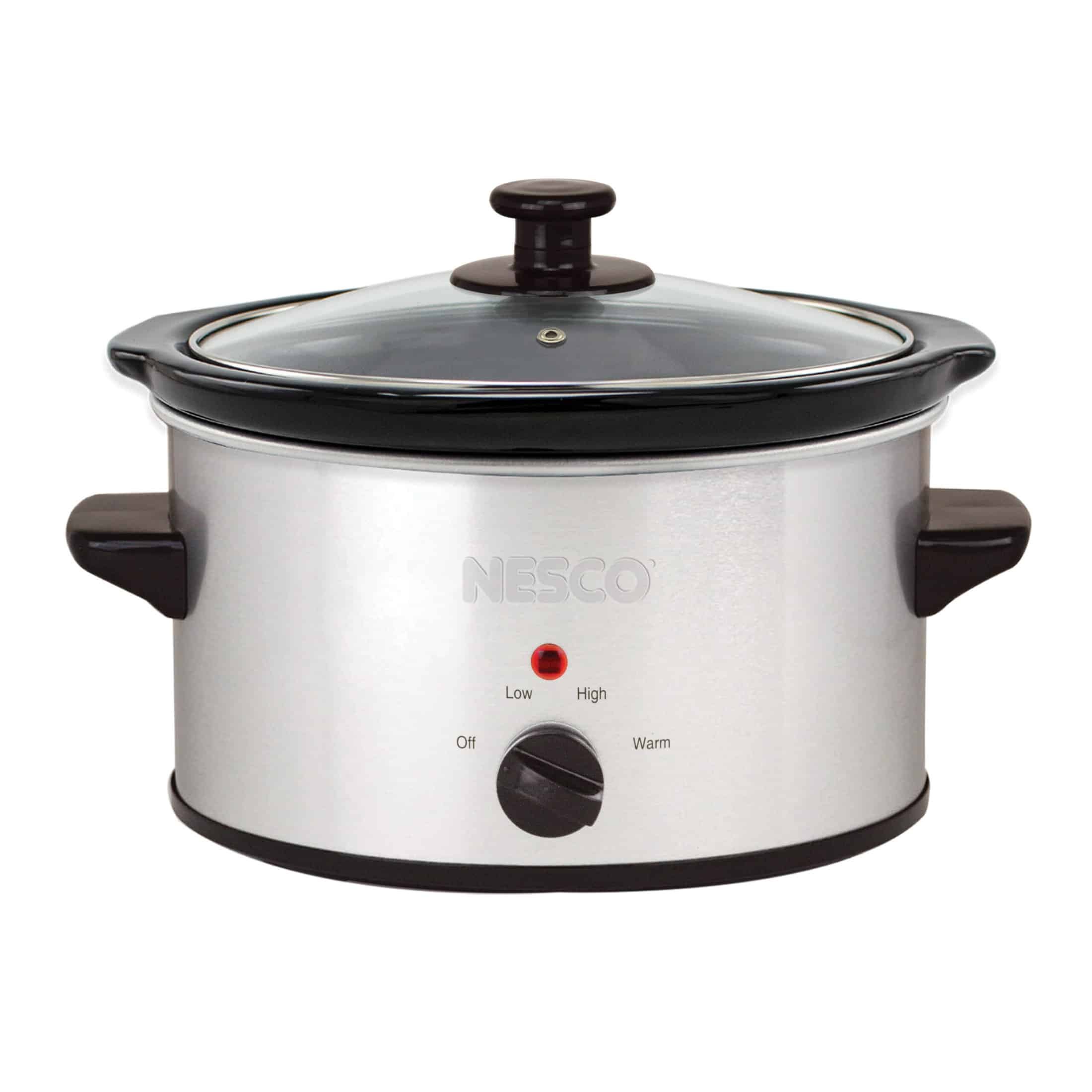 NESCO SC-150-47 1.5-quart stainless-steel exterior analog slow cooker with glass lid and front dial