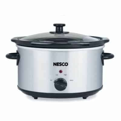 NESCO SC-4-25 four-quart analog stainless-steel slow cooker shown from the front with its glass lid, side handles, indicator light and dial