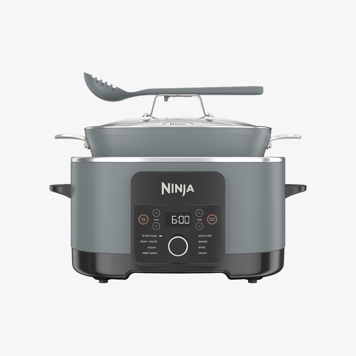 Ninja MC1001 PossibleCooker Pro in Sea Salt Grey with its removable pot, glass lid, spoon-ladle and digital control panel