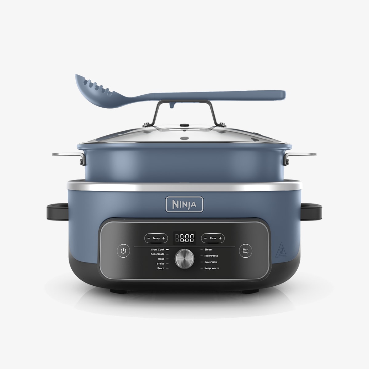 Ninja MC2001 PossibleCooker Pro Plus in Blue Macaron, with removable pot, glass lid, spoon-ladle and digital control panel