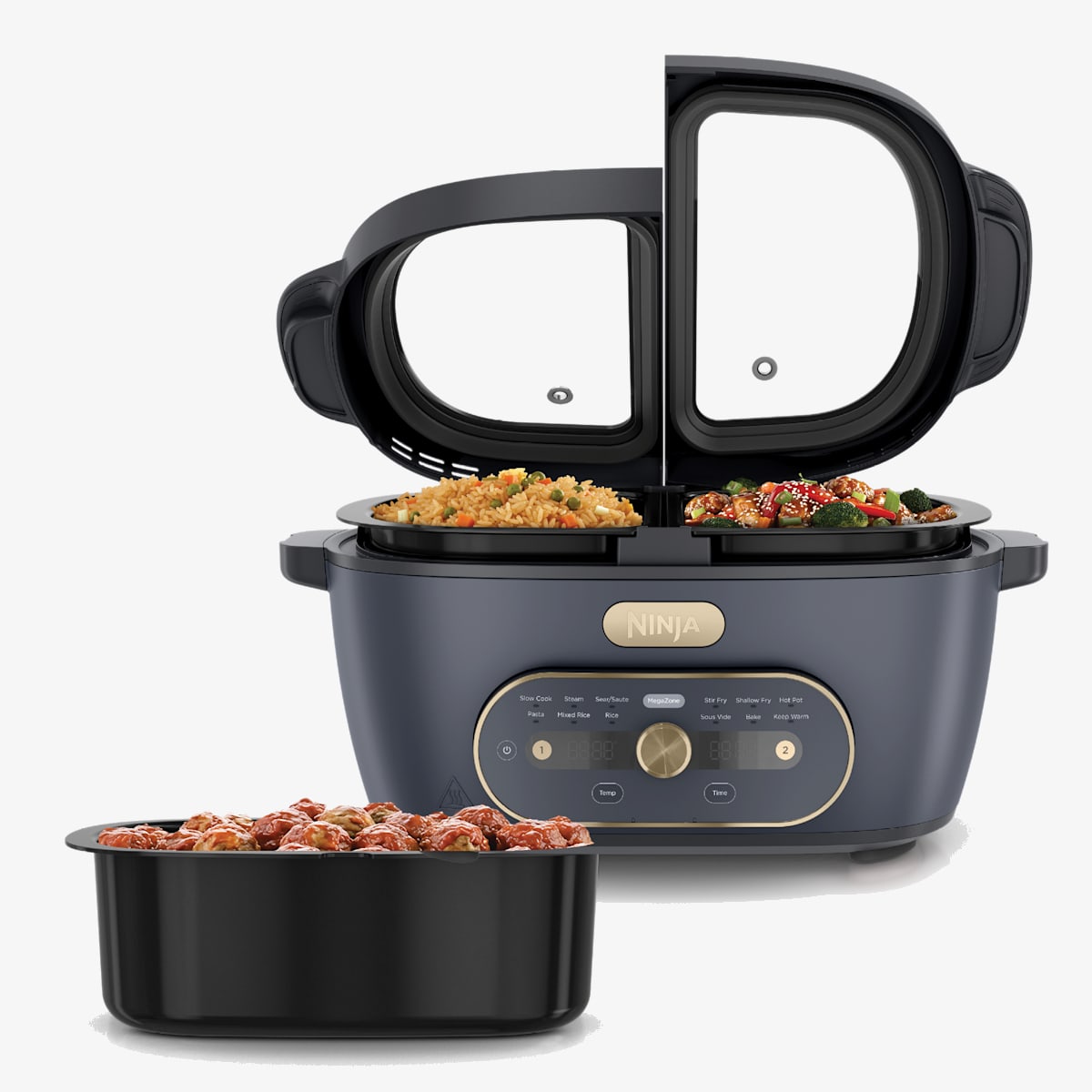 Ninja MZ1001BL1 MultiPot XL in Cyberspace, shown with two hinged lids, digital control panel, and removable cooking vessel