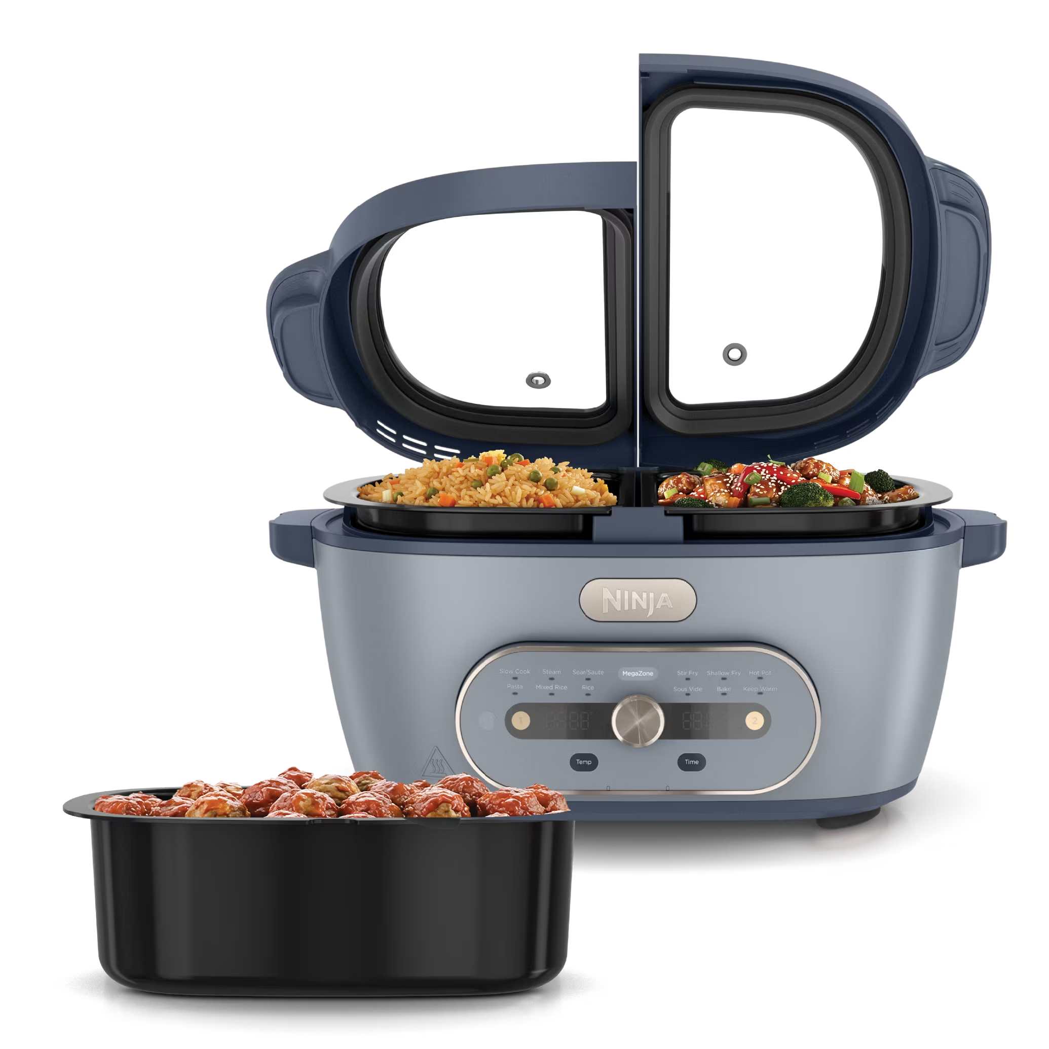 Ninja MZ1001PU3 MultiPot XL in Stone Purple, with two hinged lid panels raised and separate cooking vessels