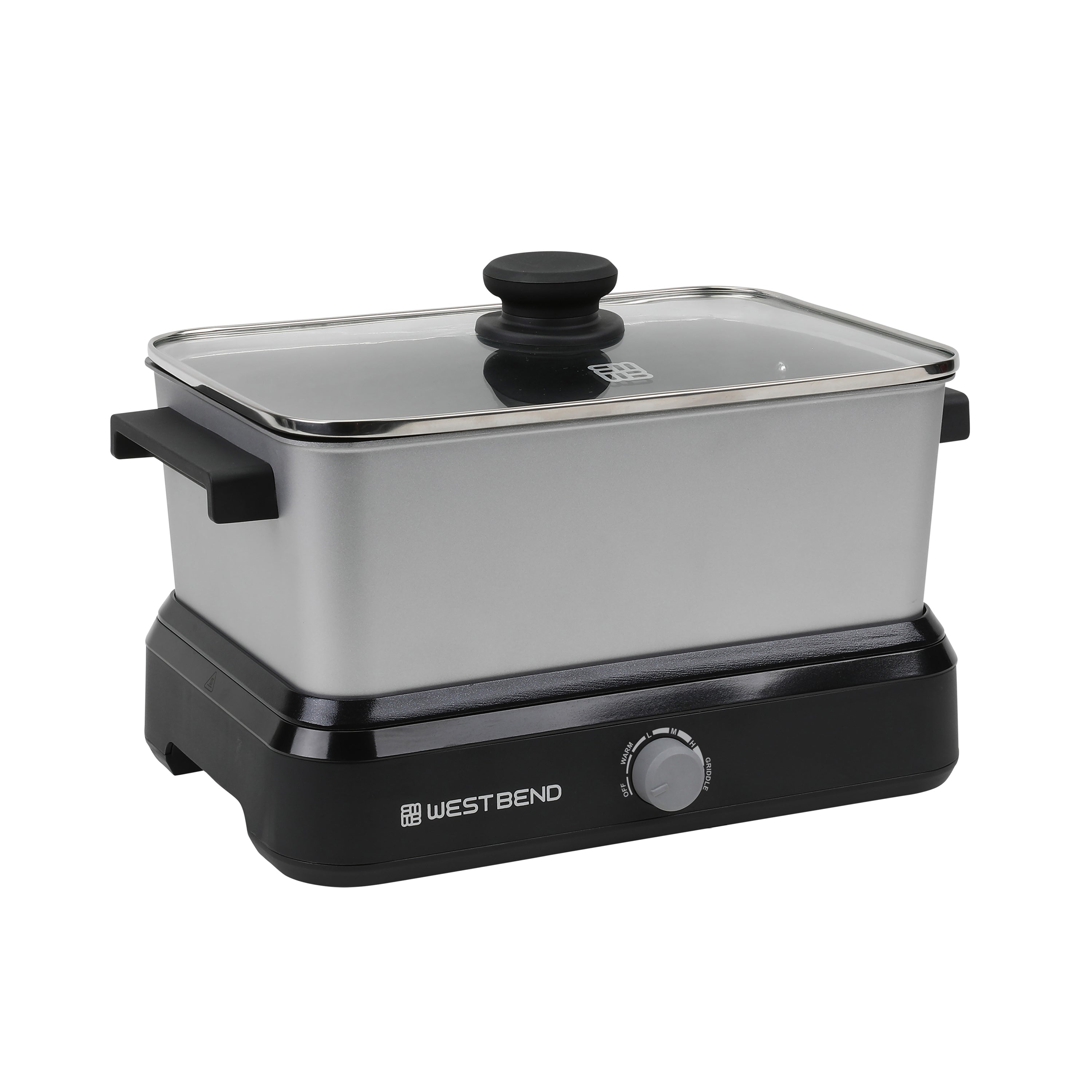 West Bend 87905 five-quart Versatility Cooker with silver oblong pan, glass lid and manual selector