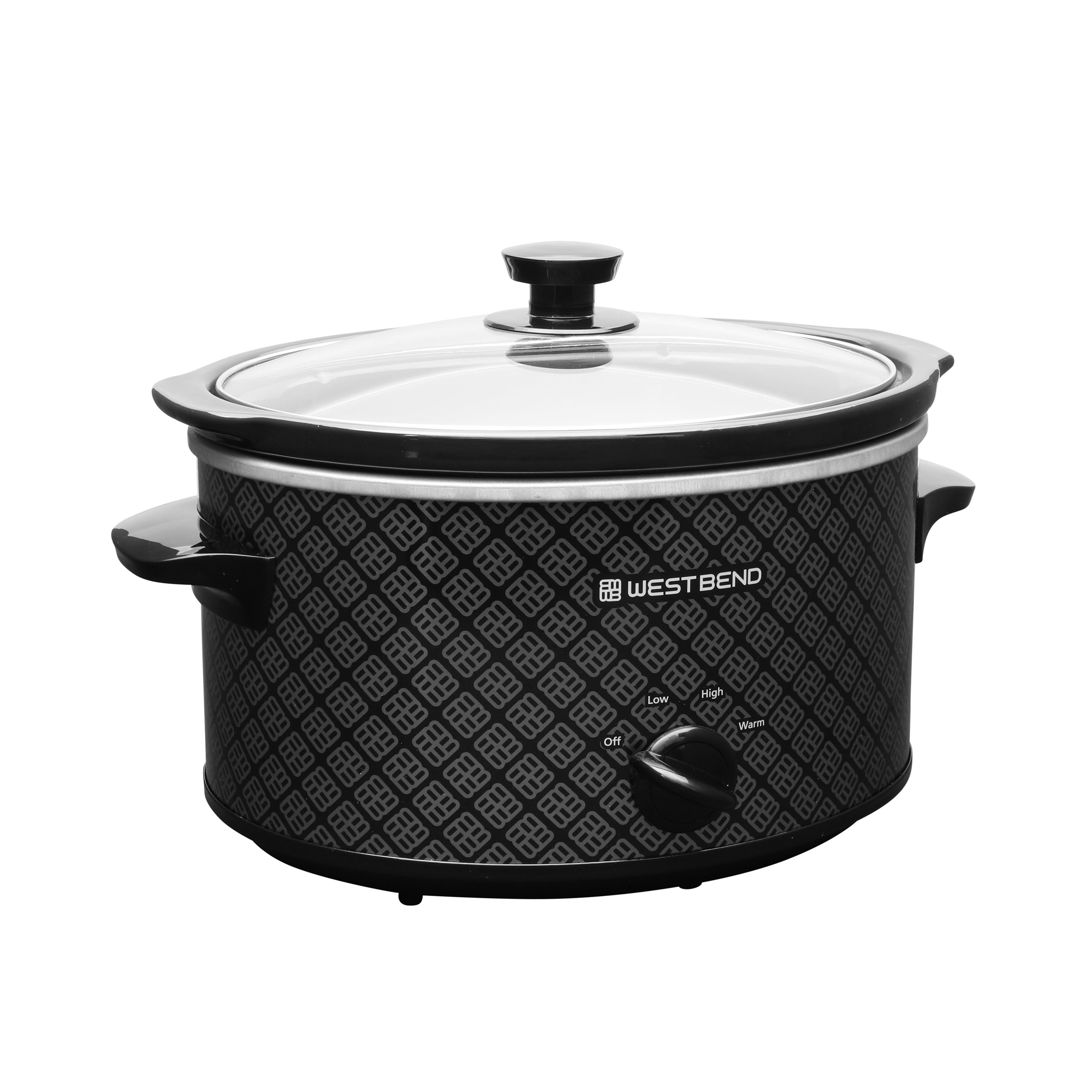 West Bend SCWB4QPTBK13 black patterned 4-quart manual slow cooker with glass lid and Low, High and Warm dial