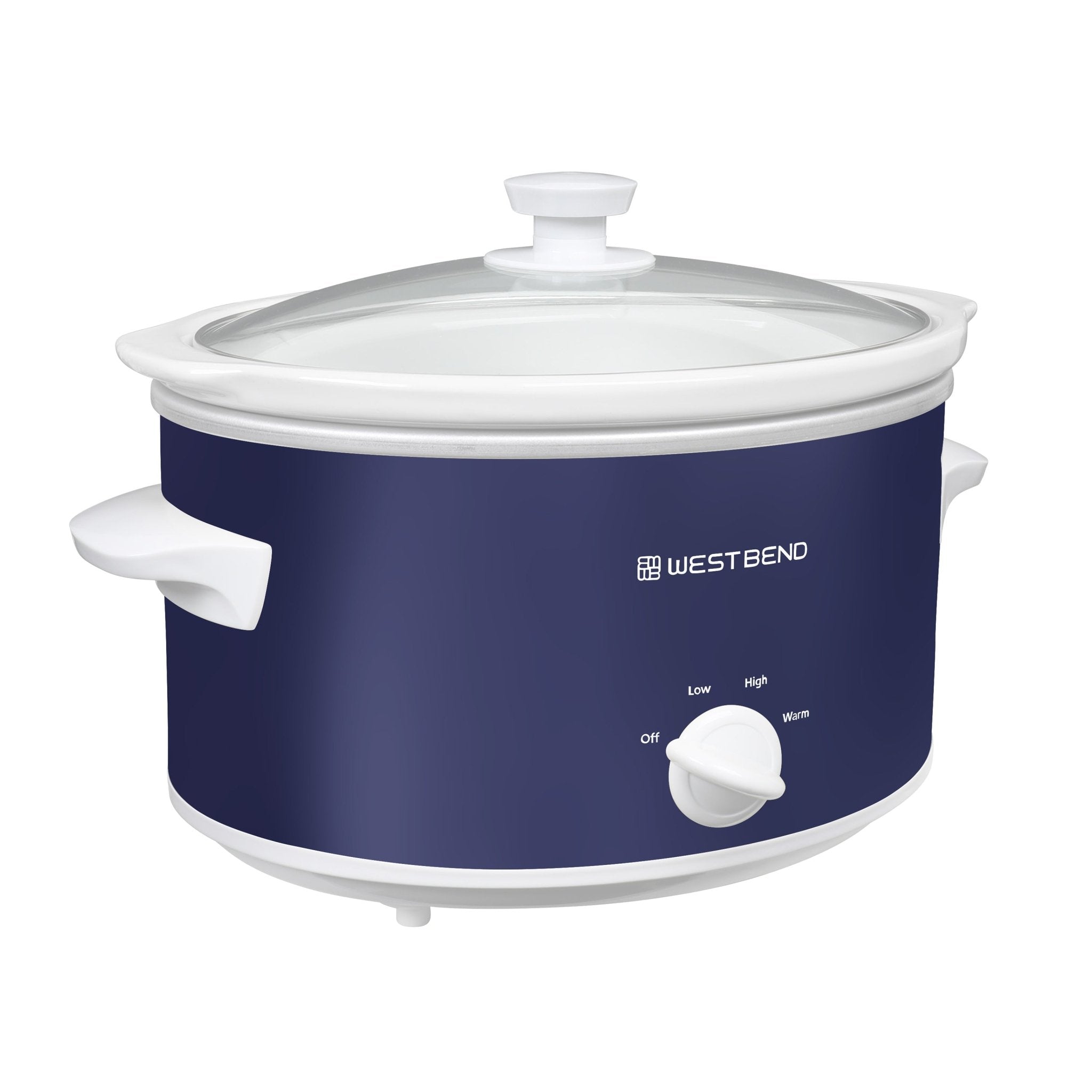 West Bend SCWB4QPTNW13 navy and white 4-quart manual slow cooker with glass lid and dial