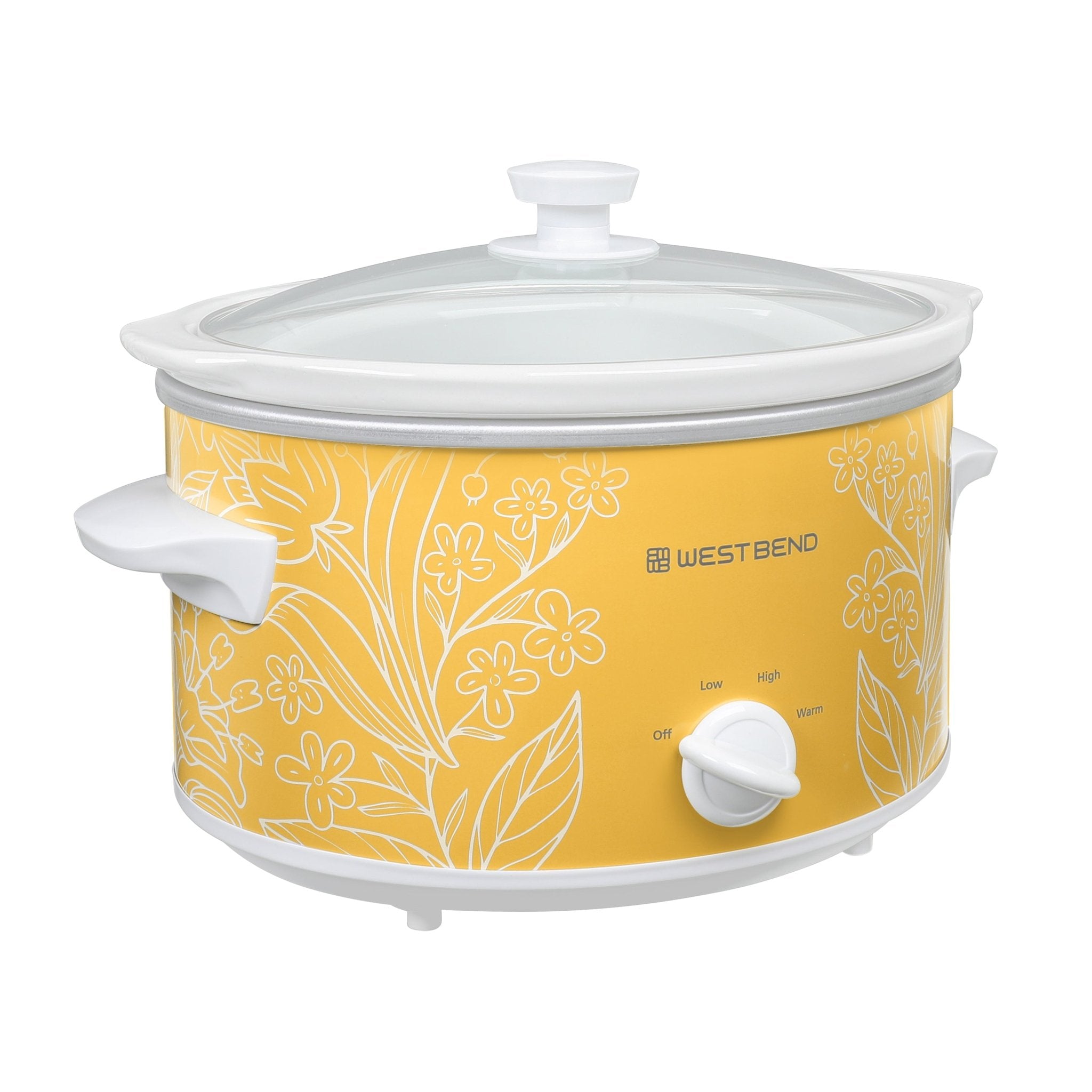 West Bend SCWB4QPTYW13 yellow and white patterned 4-quart manual slow cooker with glass lid and dial