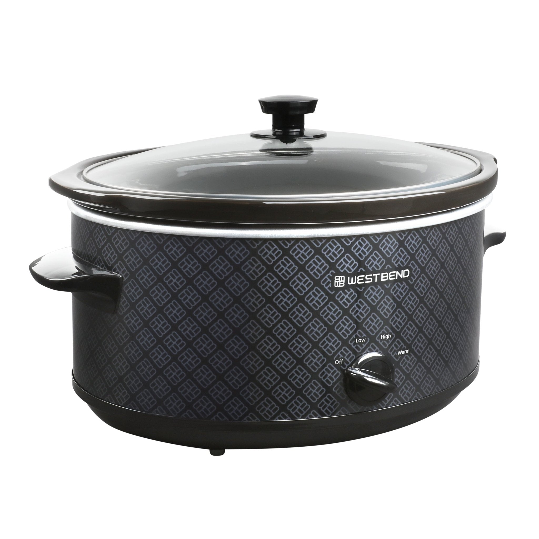 West Bend SCWB6QPTBK13 black patterned six-quart manual slow cooker with glass lid and selector dial