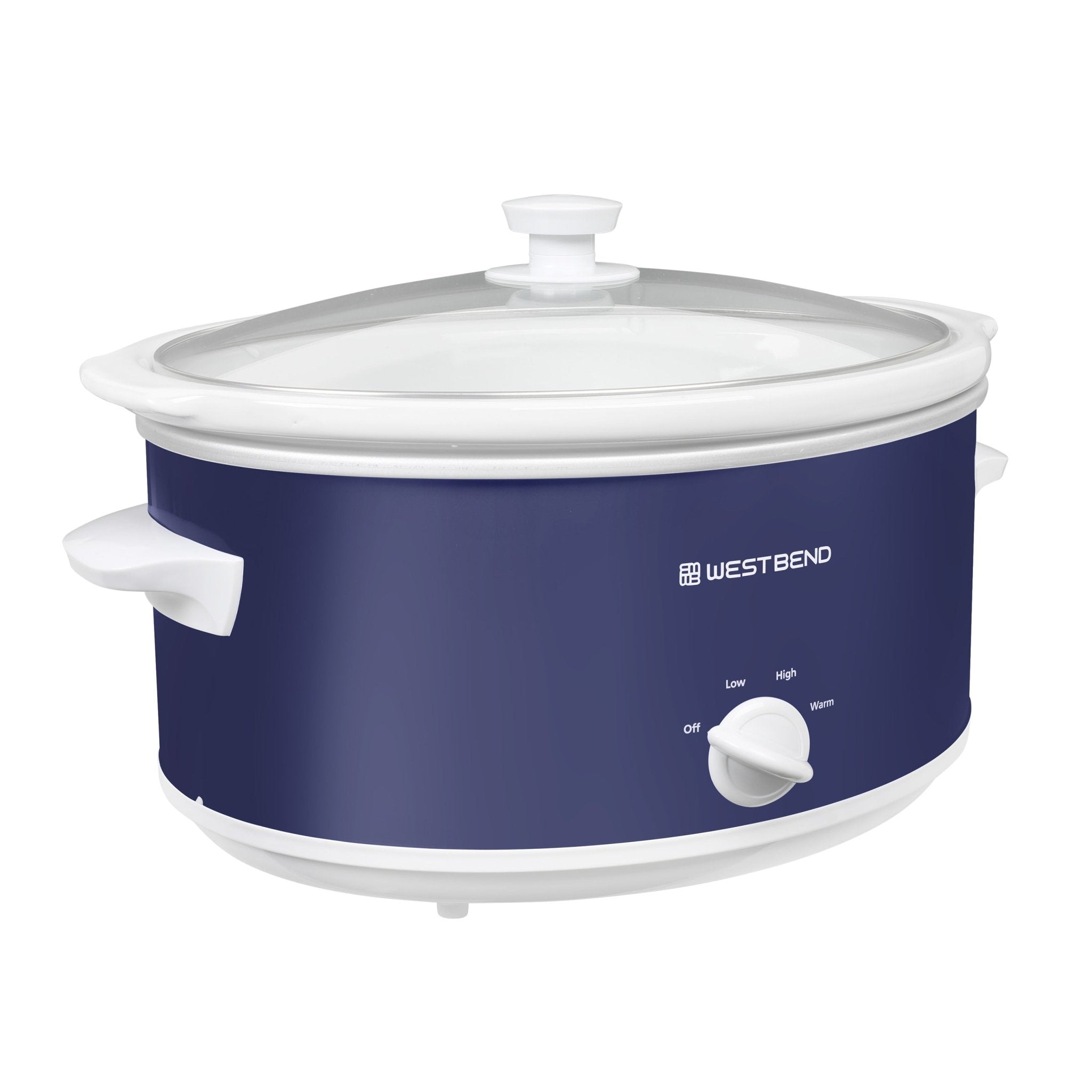 West Bend SCWB6QPTNW13 navy and white six-quart slow cooker with glass lid and manual dial