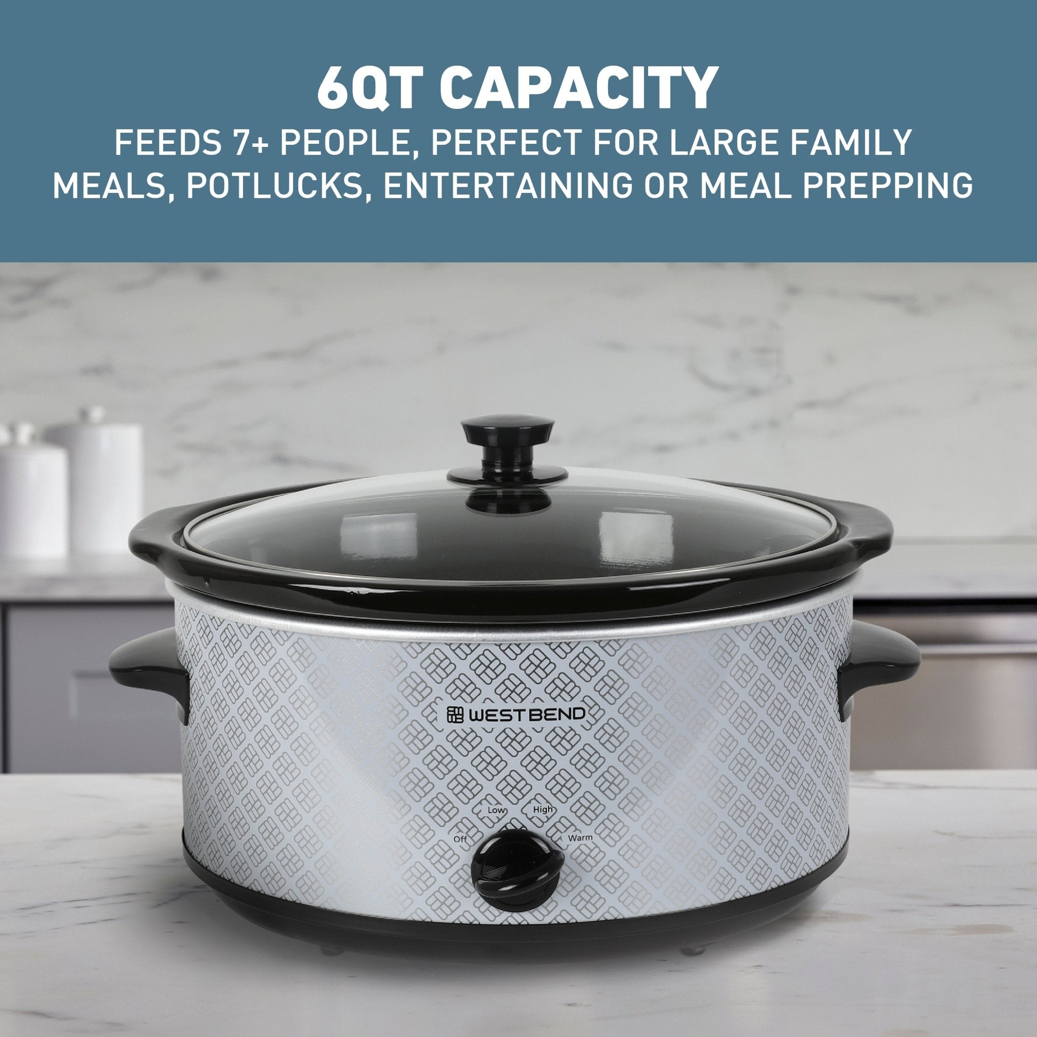 West Bend SCWB6QPTSV13 silver patterned six-quart manual slow cooker